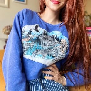 Vintage Upcycled Blue Sweatshirt W/ Embroidered Wildlife Patch